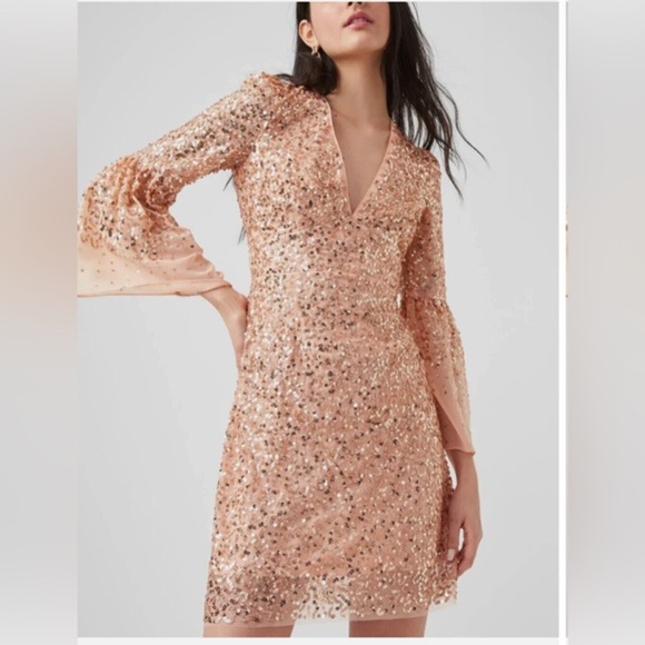 French‎ Connection Cellienne Dusty Pink Sequin sheer flare sleeve Dress Size 4 - Picture 1 of 6